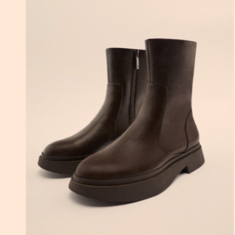 Zara Round Toe Side Zip Low Heeled Brown Ankle Boots Sz:39 (US 8)